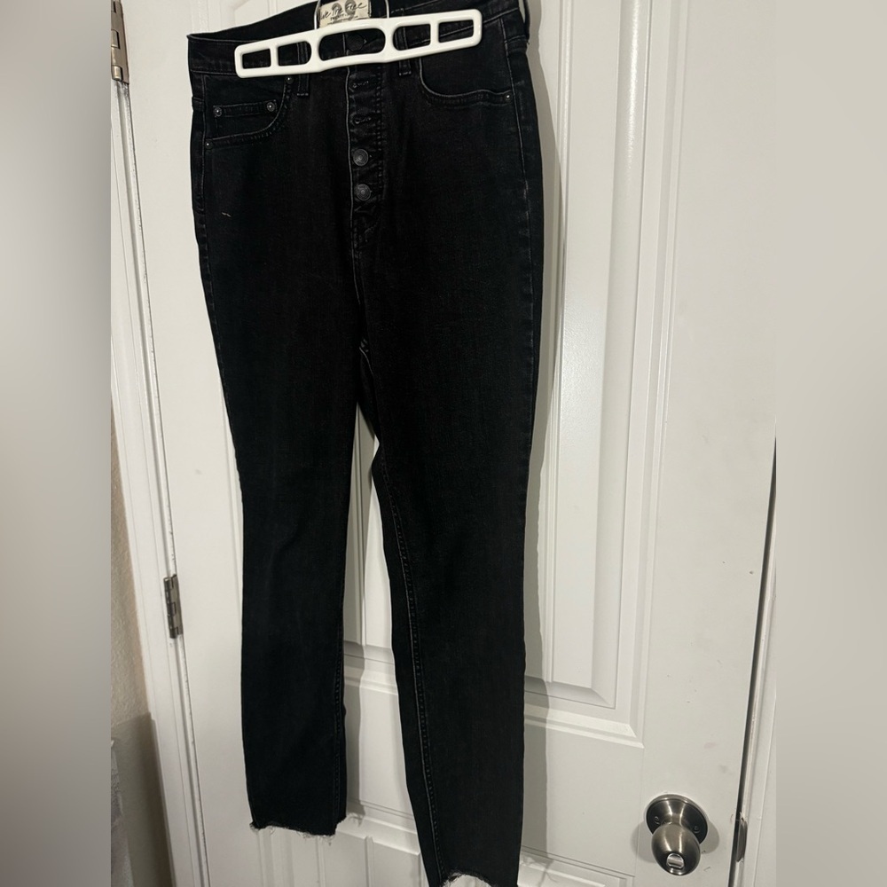 Free People Womens Curvy 29 Black Stretch Denim High Rise Skinny Button Fly Jean